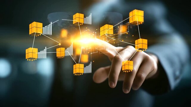 A manager uses a digital interface for procurement analytics hyper realistic logistics icons with vivid details moody shadows on a screen bright saturation in supply chain