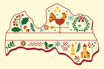 Stylized doodle map of Latvia filled with national winter symbols — oak leaves, pine branches, berries, candles, and folk ornaments in warm natural tones and Latvian maroon, celebrating independence