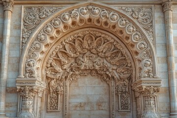 Intricate stone archway with detailed floral and mythical creature carvings on a historic building facade