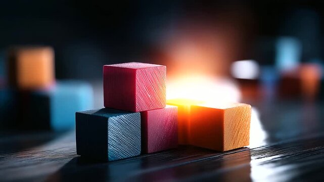 A scene with wooden blocks showing design thinking stages hyper realistic icons with vivid textures moody shadows on a table bright saturation in innovation visuals design thin