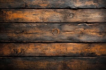 Fototapeta premium Close-up view of weathered dark brown wooden planks with visible knots and grain texture creating a rustic natural surface