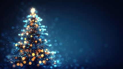 Blurred glowing Christmas tree with multicolored lights and star on top against dark blue background creating a festive and warm atmosphere