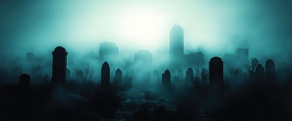 foggy graveyard silhouette with tombstones in the foreground and a city skyline with tall buildings shrouded in mist under a glowing sky