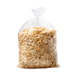 Fresh Organic Oats in Transparent Plastic Bag on White Background