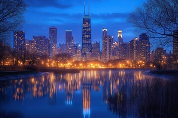 City skyline at dusk with illuminated skyscrapers reflecting on calm water surrounded by silhouetted trees and bright streetlights under a blue evening sky