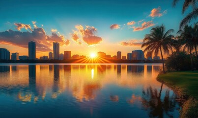 Sun setting behind city skyline with radiant sun rays reflecting on calm water and silhouetted palm trees on waterfront