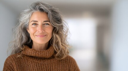 Smiling middle-aged woman with curly gray hair wearing a cozy brown sweater, exuding warmth and confidence in a soft-lit space.