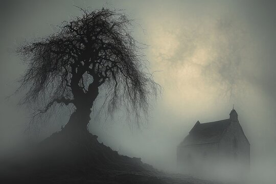 spooky bare tree silhouette on a hill beside an old stone building in thick fog under a pale eerie light - Powered by Adobe