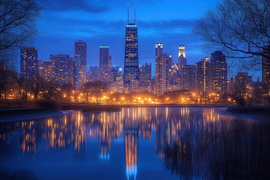 City skyline at dusk with illuminated skyscrapers reflecting on calm water surrounded by silhouetted trees and bright streetlights under a blue evening sky