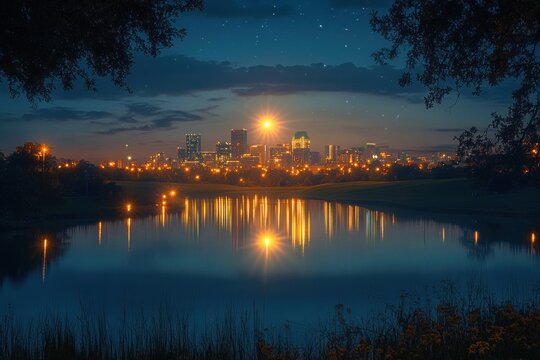 Calm night cityscape with illuminated skyline reflecting on still lake under starry sky framed by trees - Powered by Adobe