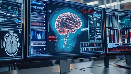 Multiple screens show detailed brain scans and data visualizations in a high-tech research lab. The environment is focused on neuroscience and data analysis for medical and technological applications - Powered by Adobe