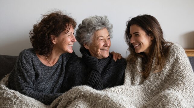 Three women, a grandmother, mother, and daughter, share a warm moment wrapped in cozy blankets, radiating love and connection.
