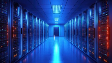 Long corridor of a modern data center with rows of server racks glowing with blue and orange LED lights under bright ceiling panels