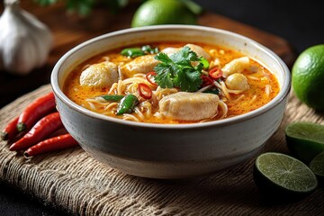 Close-up of a bowl of spicy noodle soup with chicken, chili peppers, green beans, and fresh herbs on a rustic table with limes and garlic in the background
