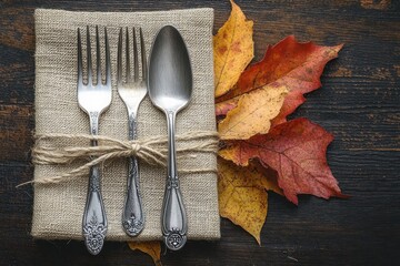 Vintage silverware consisting of two forks and a spoon tied with twine around a folded burlap napkin placed on autumn-colored leaves on a dark wooden surface