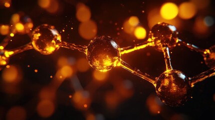 Close-up view of glowing orange molecular structure with interconnected spherical atoms and bonds on dark background with scattered light particles