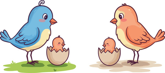 Cute blue and orange birds with newborn chicks hatching from eggs, adorable family illustration, spring nature concept, parenting wildlife art