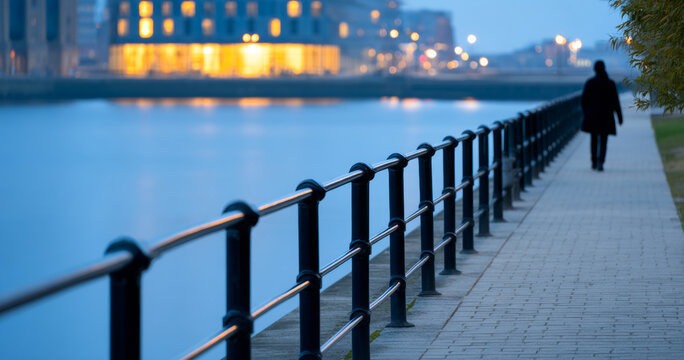 Evening riverside walkway with metal railing and solitary person walking along paved path near calm water and illuminated buildings in background
