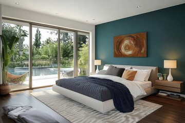 Bright modern bedroom with large glass sliding doors overlooking a pool and garden, featuring a cozy bed with dark and neutral bedding, side tables with lamps, and abstract wall art