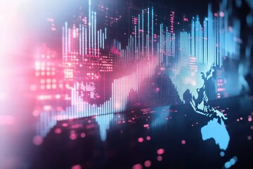 Digital world map with glowing vertical bars and data points representing fluctuating financial or data trends in a futuristic blue and pink color scheme