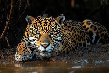 Obraz premium Close-up of a majestic jaguar lying on muddy ground near water with intense gaze in a dark natural setting