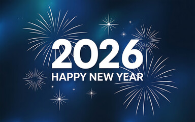 Happy New Year 2026 Celebration with Fireworks on Dark Blue Background