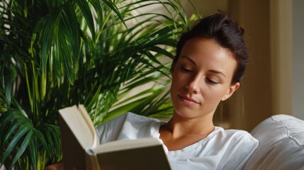 A young woman of Caucasian descent enjoys a quiet moment reading a book on a cozy couch surrounded by vibrant greenery.