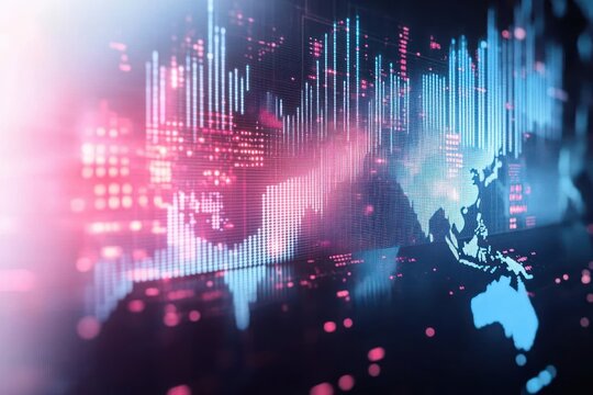 Digital world map with glowing vertical bars and data points representing fluctuating financial or data trends in a futuristic blue and pink color scheme