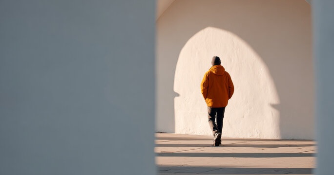 Person wearing orange jacket walking alone near white wall with large shadow in minimalistic urban setting during daytime