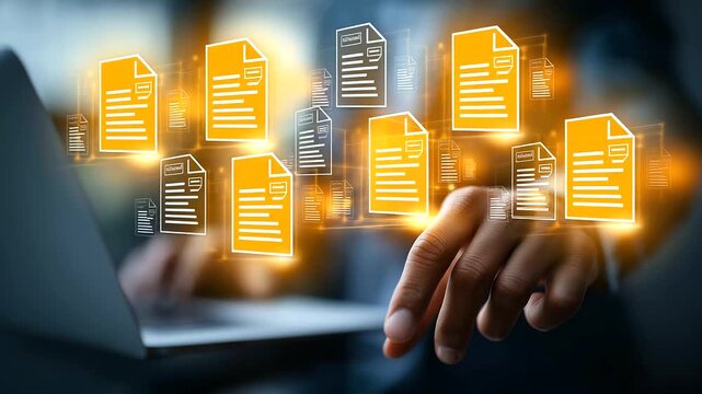 A professional manages electronic documents on a digital interface hyper realistic document icons with vivid details moody shadows on a screen bright saturation in approval