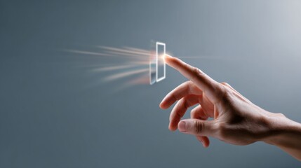 Finger touching an illuminated square button with light streaks against a gradient gray background