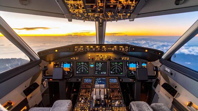 Inside airplane cockpit flying above fluffy clouds at sunrise, glowing instruments and display screens, controls and levers.