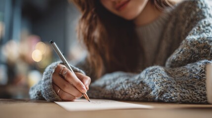 A young woman with wavy brown hair writes in a cozy café, dressed in a chunky knit sweater, radiating warmth and creativity.