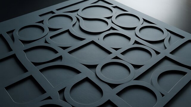 Abstract geometric pattern with circles and squares in dark gray, closeup shot