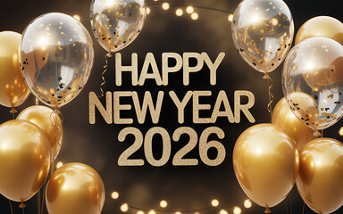 Happy New Year 2026 Celebration with Golden Balloons and Festive Black Background