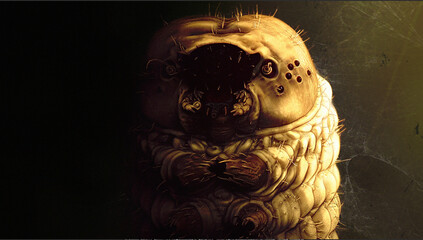 Silkworm electron micrograph (SEM) of the head of a silkworm moth caterpillar (Bombyx mori)...