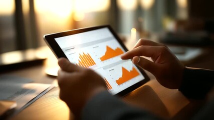 A business analyst reviews performance metrics on a tablet hyper realistic charts with detailed data moody shadows on a desk with documents bright saturation in analytics visual - Powered by Adobe