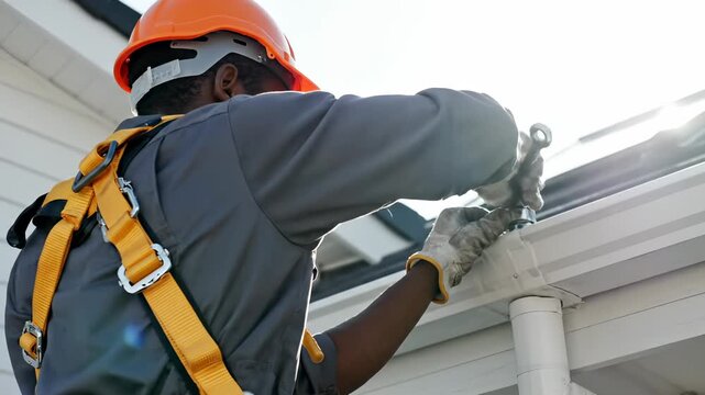 Builder works on roof gutter. Man wears hardhat and harness. Glove protects hand while handling gutter. Downspout and eave visible. Worker secures harness clip. Man inspects seam. Roof edge checked.