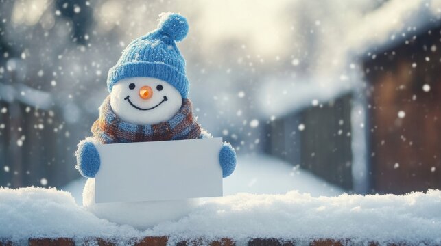 Cute snowman with blank banner for winter greeting card