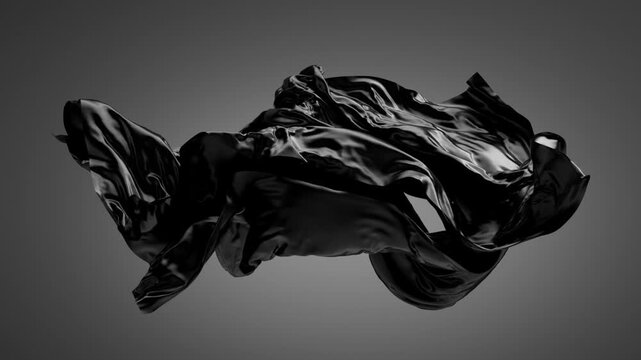 3d animation. Silky drapery levitating in the darkness, illuminated with contrast dramatic light. Waving glossy black film isolated on grey background