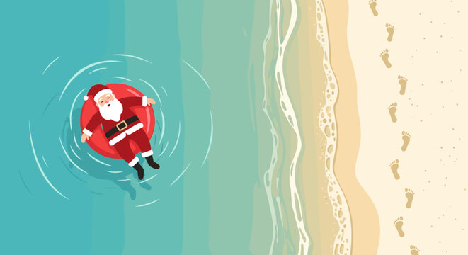 Santa Claus floating in the ocean on an inflatable ring with a beach background from a top view