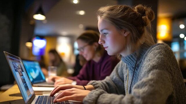 A mixed age group studies online courses in a cozy cafe hyper realistic laptop screens with vivid content moody shadows on tables bright saturation in learning materials online