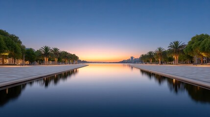 Fototapeta premium Serene Canal Reflects Twilight Sky Lined With Lush Palm Trees and Pedestrian Walkways Leading to Distant City Skyline During Golden Hour