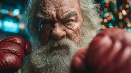 Santa Claus with boxing glove ready for fight. Funny and different.