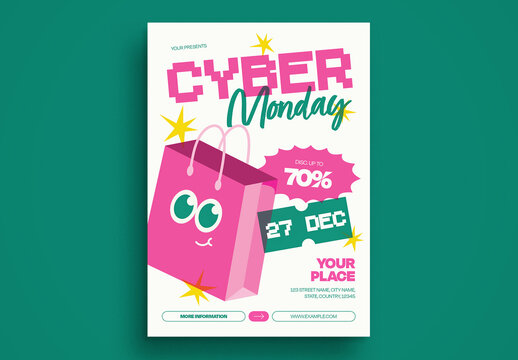 Pink Cartoon Risograph Cyber Monday Flyer Layout