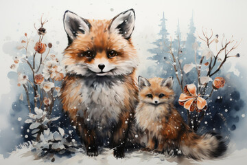 Obraz premium A charming watercolor illustration of two foxes—an adult and a baby—in a winter forest. 
