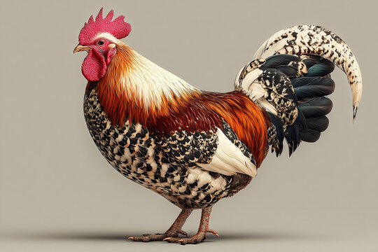 Vibrant colorful french rooster cockerel portrait close up against a soft neutral beige background.