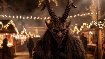 Krampus traditional alpine winter folklore character. Festive parade in a European mountain town, holiday market atmosphere, warm evening lights, cultural celebration, winter season mood."