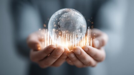 A pair of hands holds a glowing globe with data visualization elements, symbolizing technology, global connectivity, and innovation.