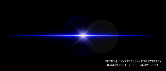 Horizontal optical lens flare with glowing dust and luminous beam. Great for cinematic overlays, highlight accents, and futuristic design compositions.